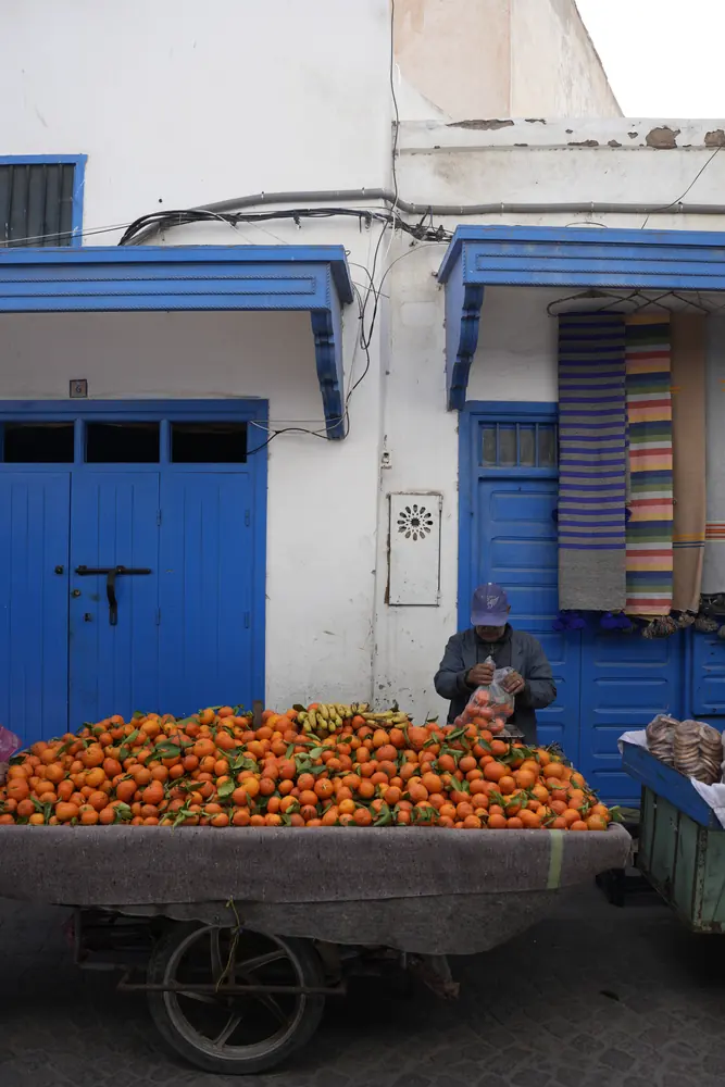 A cart of oranges against a blue and white wall in Essaouira